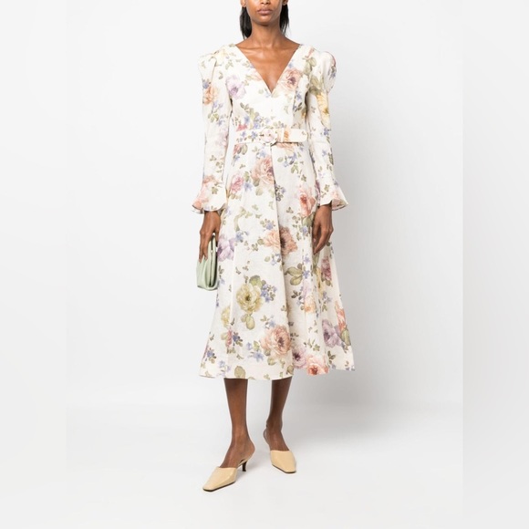 Zimmermann Dresses & Skirts - NWT Zimmermann Luminosity Belted Linen Midi Dress Beige Floral | ZIM 0 / US XS
